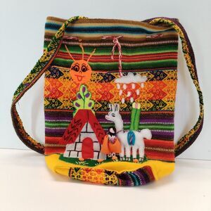 Peruvian‎ Mini Small Backpack Embroidery Llama Girl Sun Woven Knapsack Purse Red